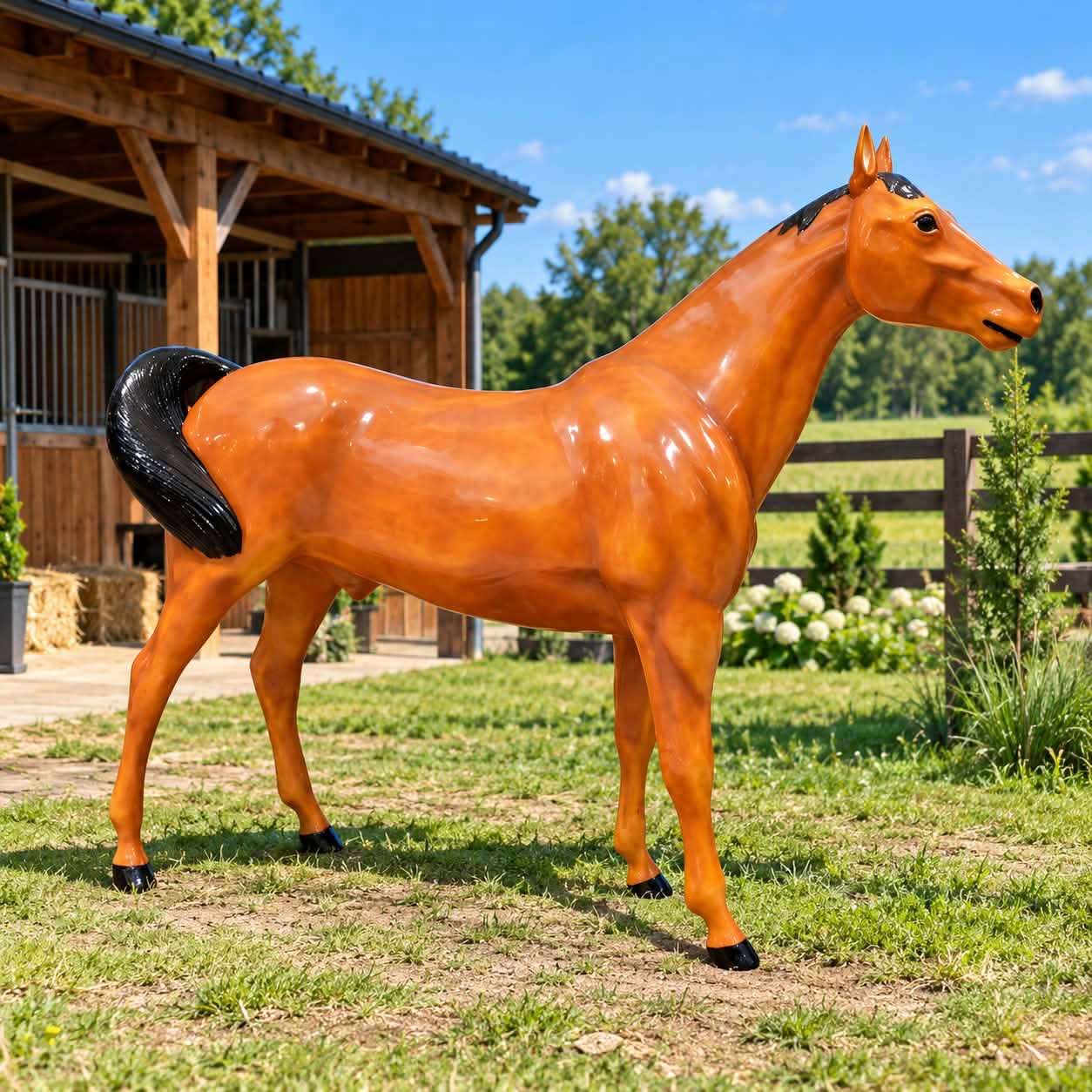 Figura Koń, kasztanowy koń stojący do stajni, rancza i ogrodu 240 cm