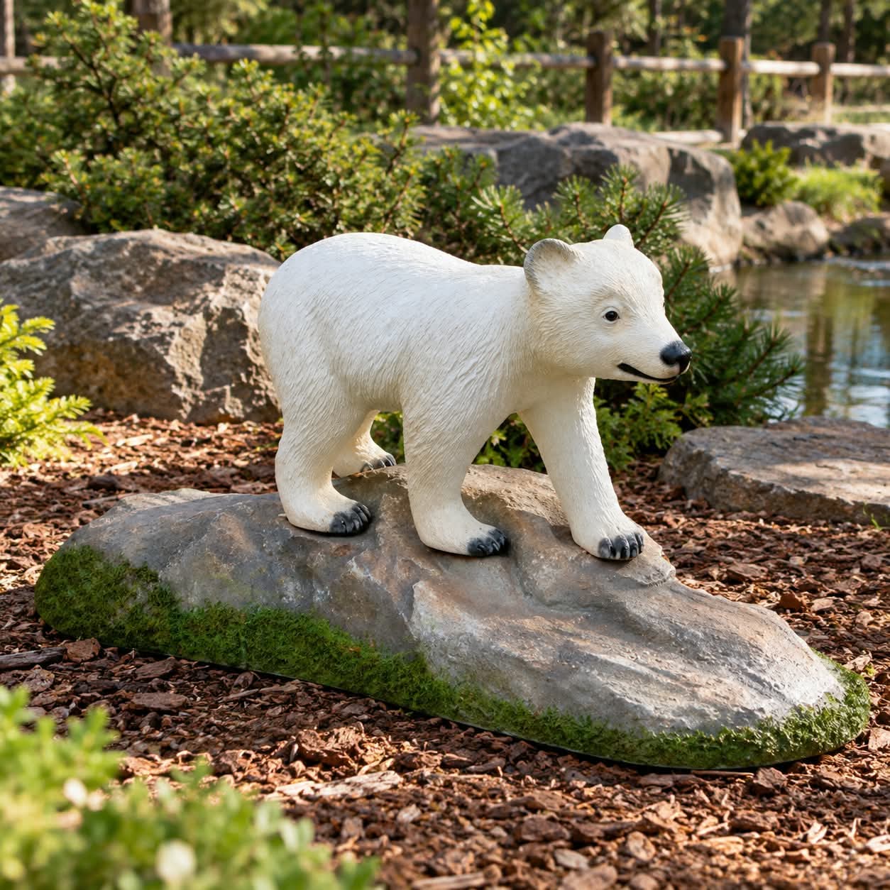 Mały Niedźwiedź na skale z laminatu, biały niedźwiadek na kamieniu do ogrodu i zoo 95 cm