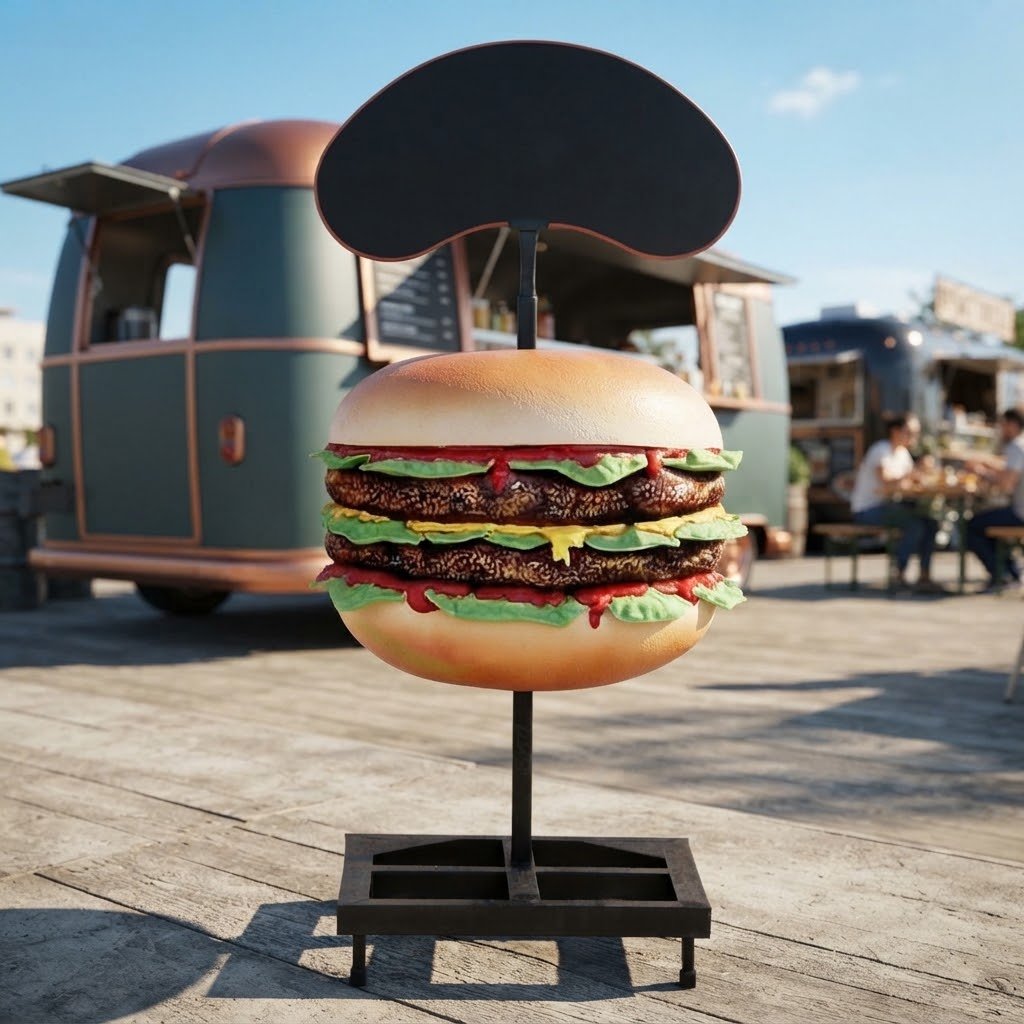 Figura reklamowa hamburgera z tablicą menu do food trucka i baru 120 cm