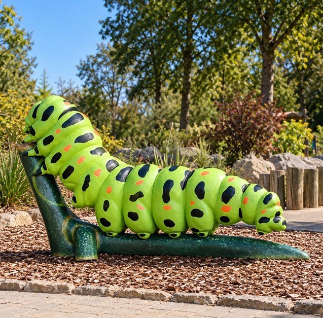 Gigantyczna figura gąsienicy na liściu do placu zabaw i parku owadów 350 cm