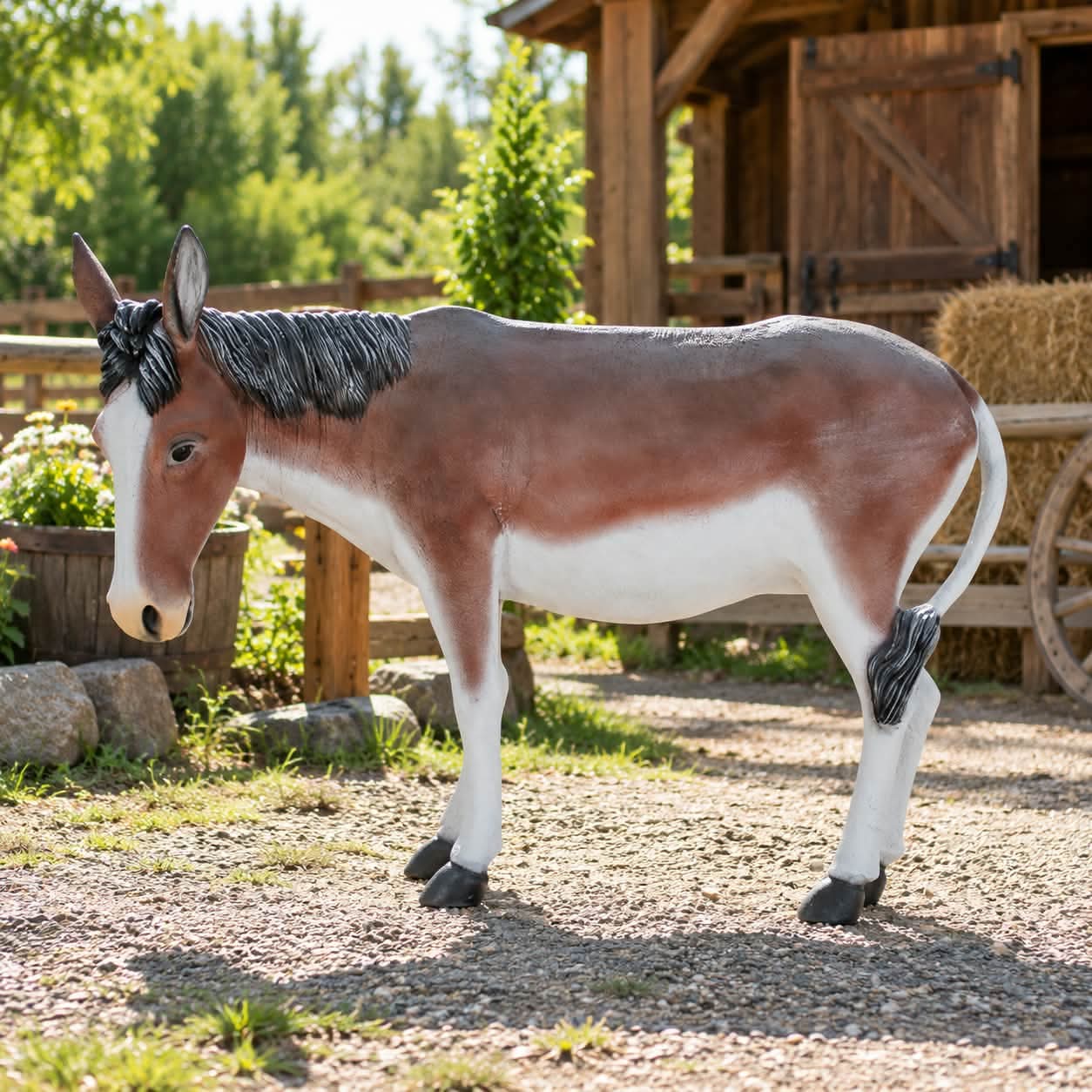 Osioł z laminatu, brązowo-biała figura zwierzęcia gospodarskiego do zagrody i ogrodu 125 cm