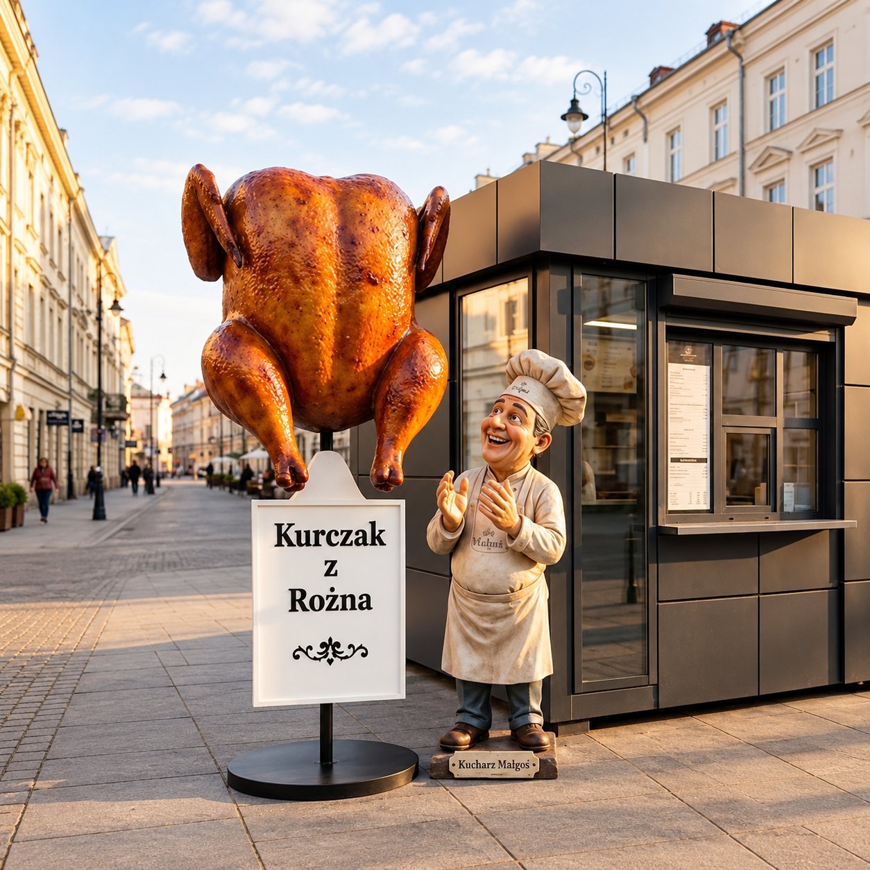 Komplet reklamowy: kurczak z rożna na stojaku i uśmiechnięty kucharz do gastronomii 200 cm