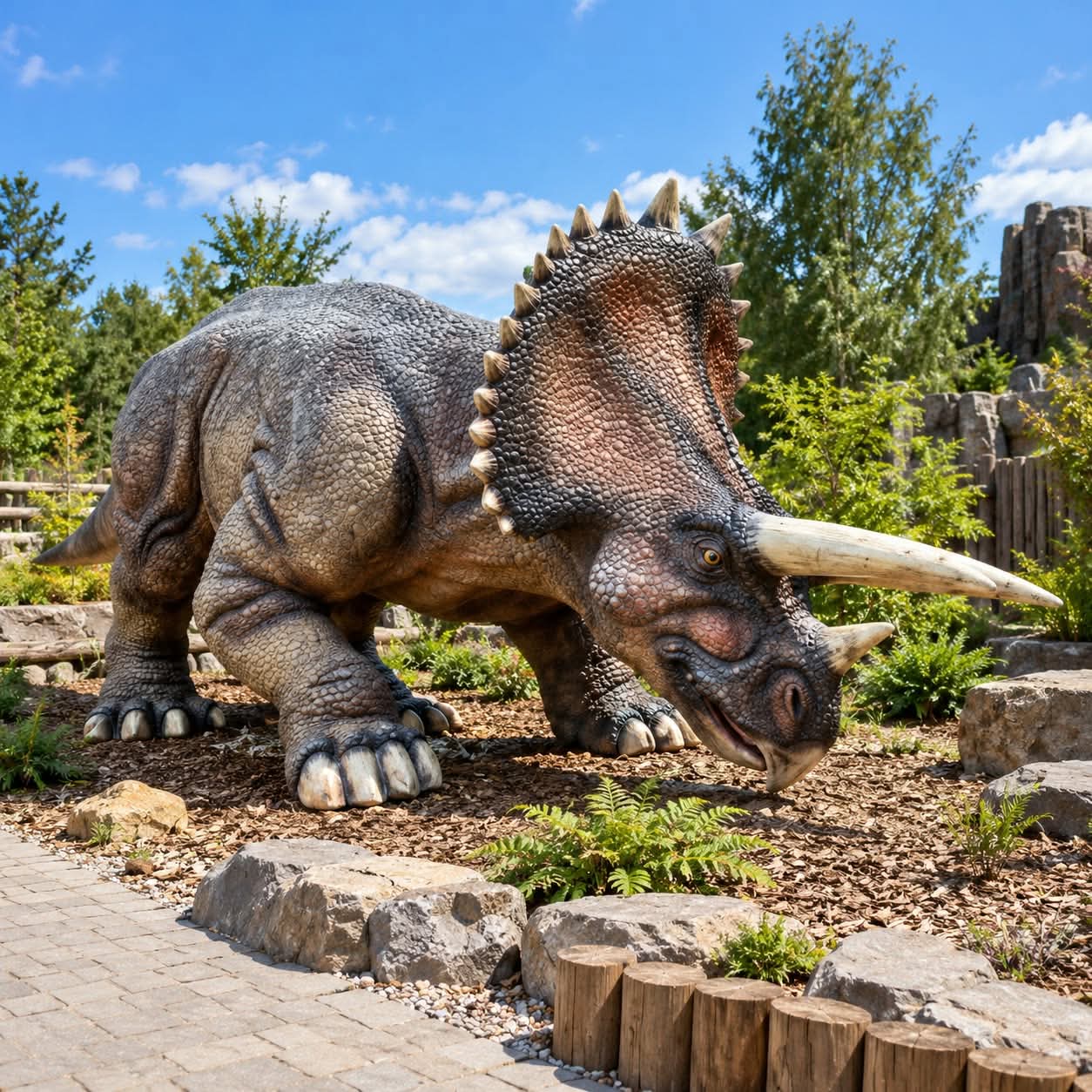 Triceratops wielki z laminatu, szary dinozaur z długimi rogami do parku dinozaurów 890 cm